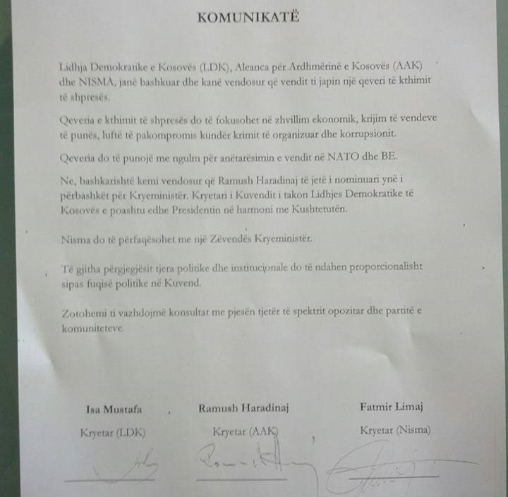 LDK, AAK dhe NISMA në koalicion